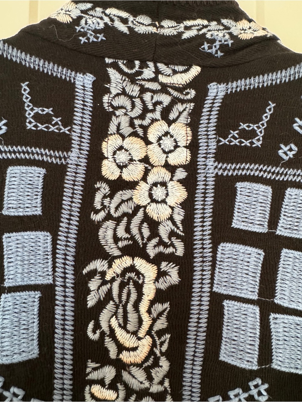 Johnny Was Black Draped Cardigan with Blue Geometric and Multicolor Floral Trim - Picture 8 of 11